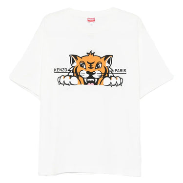 White t-shirt with a tiger logo and 'Kenzo Paris' text on a white background